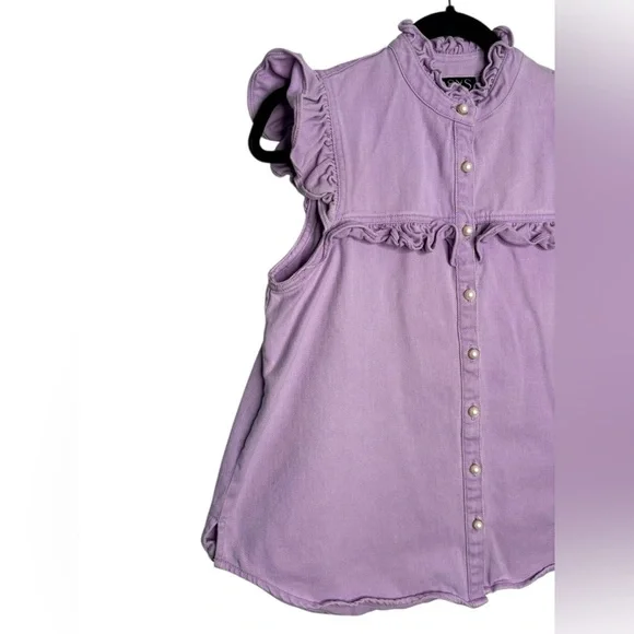 SSYS the Lable Purple Cotton Denim Button Front Ruffle Sleeveless Top Size Small - Picture 2 of 13